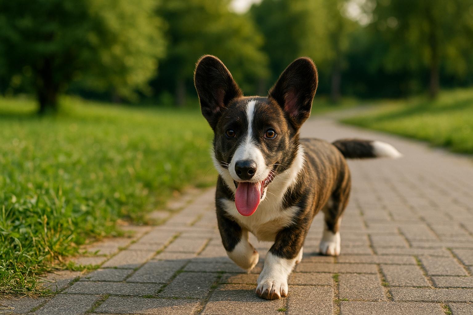 Brindle Cardigan Corgi puppy running on a park path with tongue out, happy and playful.