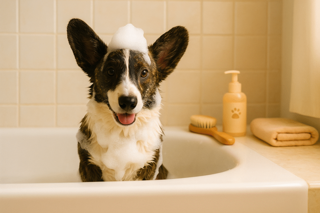 Nuggy the Cardigan Corgi sitting in a bathtub covered in shampoo foam, with grooming supplies placed on the counter beside him.