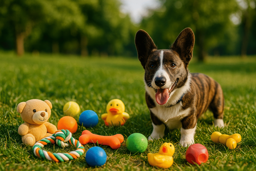 Nuggy the Cardigan Corgi standing on the grass surrounded by colorful dog toys, including balls, plush toys, and rubber chew toys.