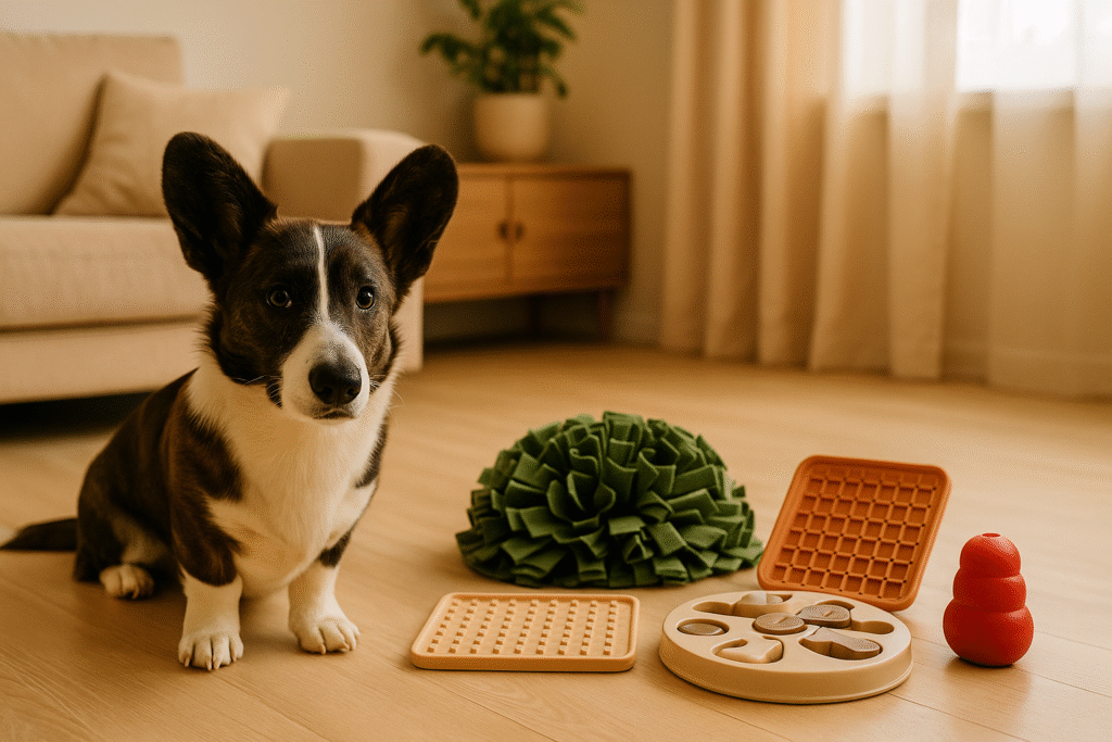 Nuggy the Cardigan Corgi sitting indoors next to colorful dog enrichment toys on a wooden floor.