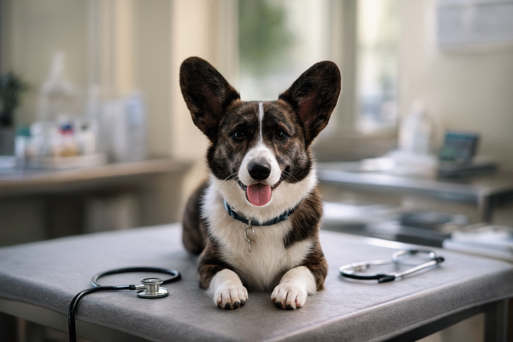 Nuggy the Cardigan Corgi sitting on a vet table while a veterinarian listens to his heartbeat with a stethoscope.