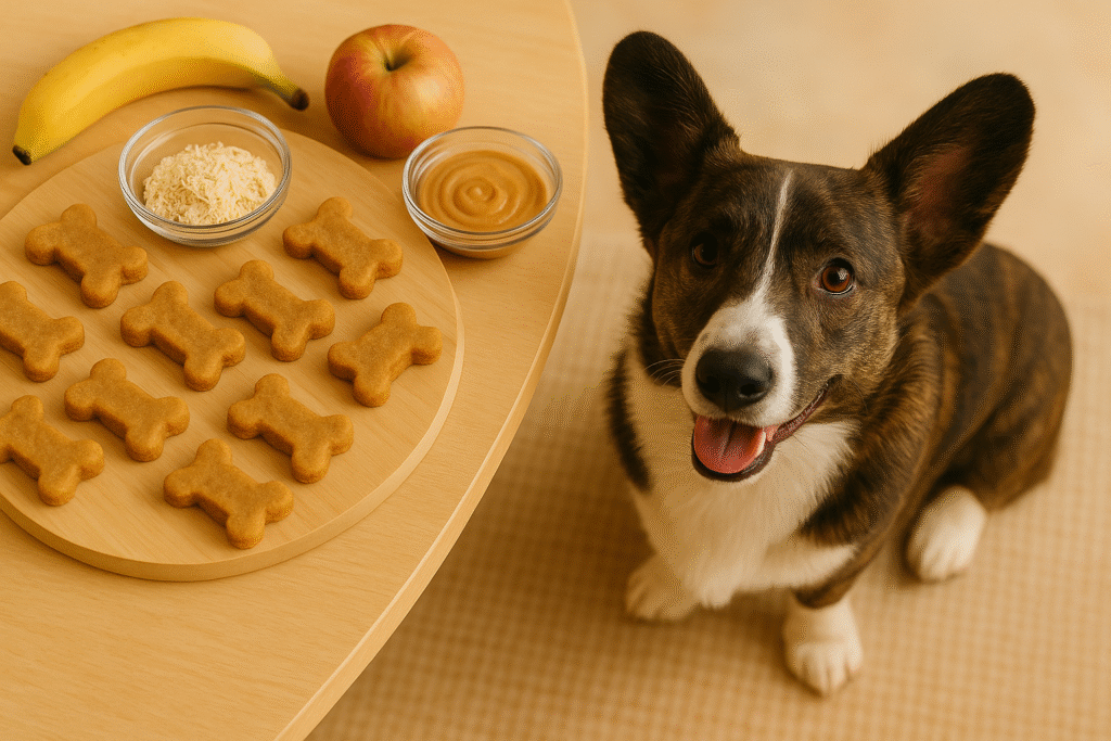 Overhead view of Nuggy the Cardigan Corgi sitting on the floor beside a table with bone-shaped homemade dog treats.