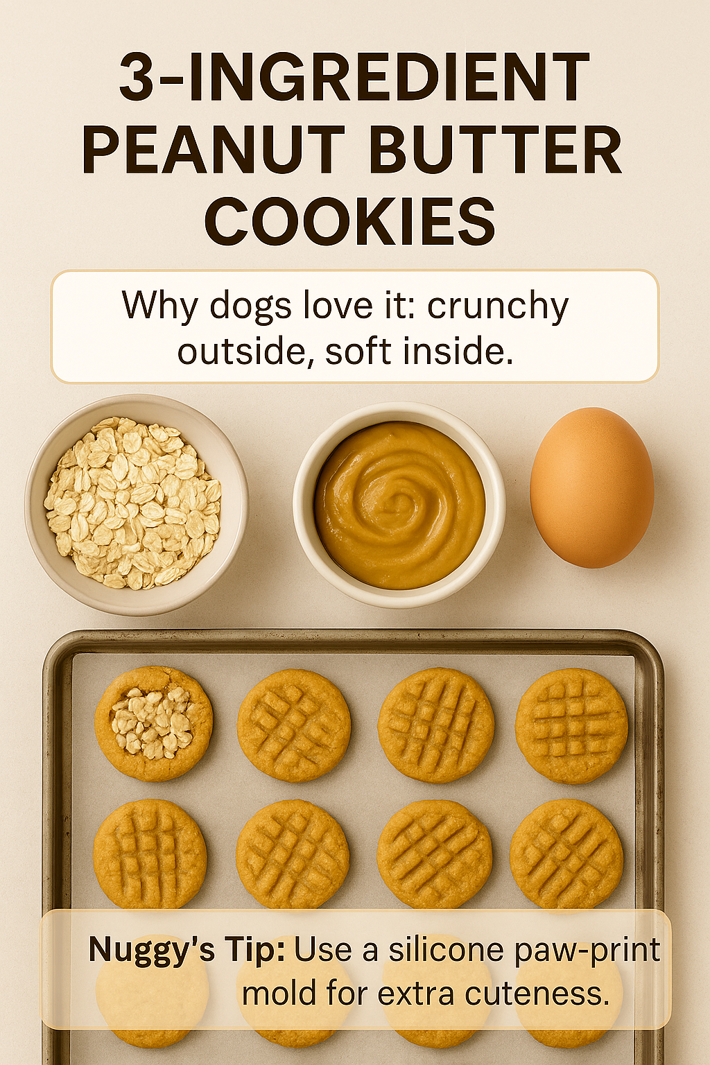 3-ingredient-peanut-butter-cookies-dog-treats-pinterest Homemade 3-ingredient peanut butter dog cookies with oats, peanut butter, and egg arranged in a Pinterest-style flat-lay.