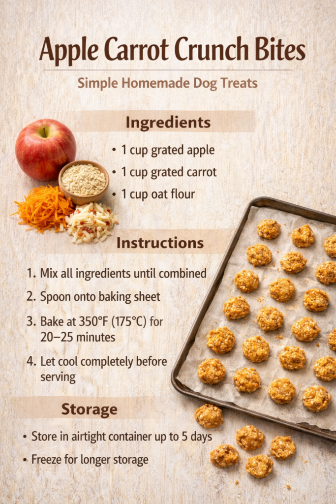apple-carrot-dog-treats-crunchy-homemade-recipe-9x16 Homemade apple carrot dog treats shown as a simple visual recipe with fresh apples, carrots, and baked crunchy bites