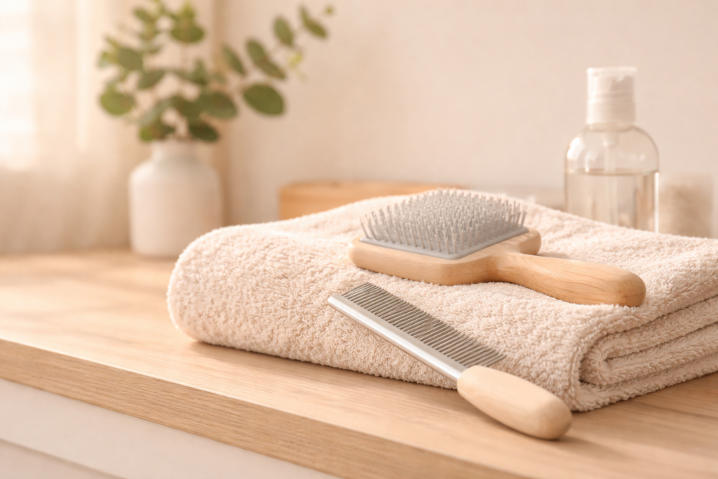 calm-at-home-dog-grooming-routine-setup Calm at-home dog grooming setup with towel and brush in a quiet, neutral space