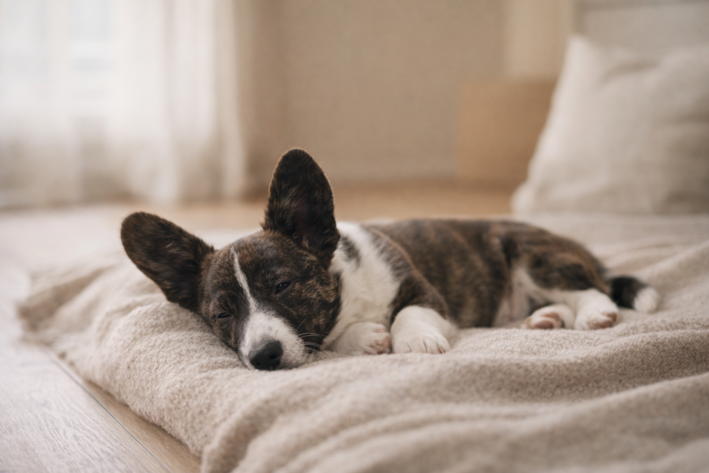 calm-balanced-dog-daily-routine-nuggy Calm young corgi resting indoors in a peaceful home environment, representing a balanced daily routine for dogs