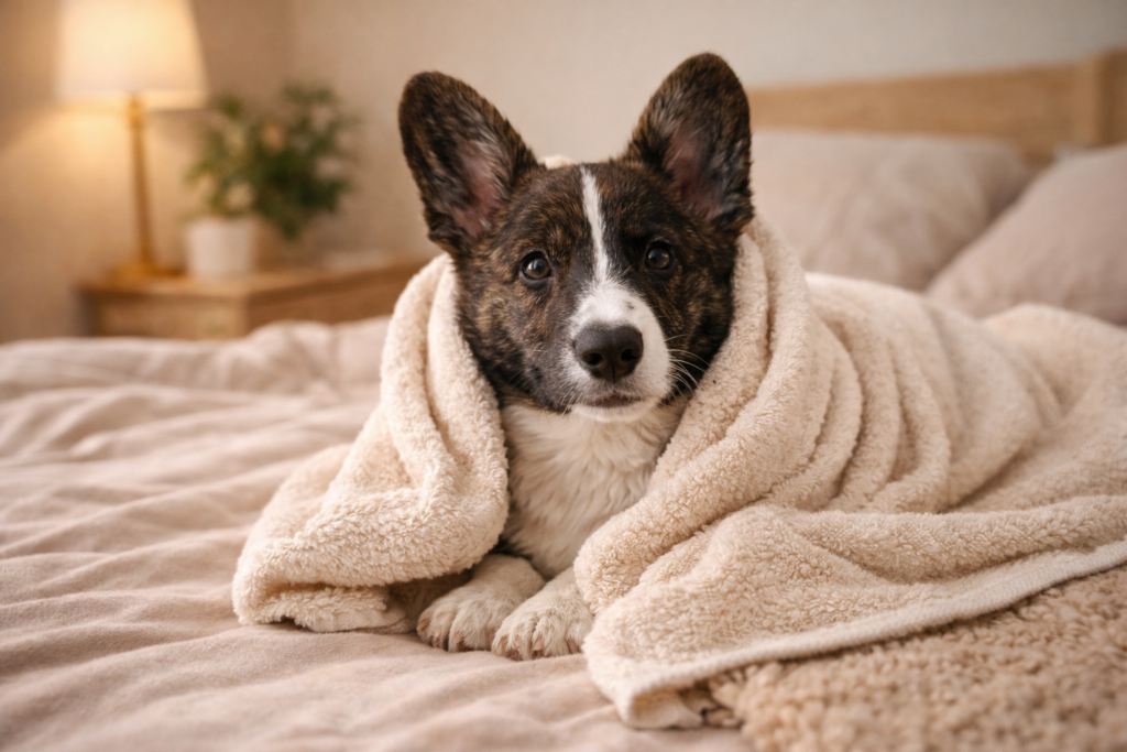 calm-dog-after-bath-nuggy Corgi puppy wrapped in a towel resting calmly after bath time