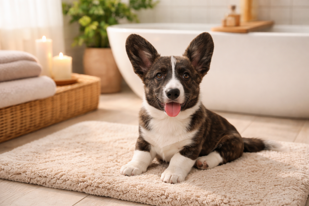 calm-dog-bath-time-nuggy Calm corgi puppy sitting on a bath mat in a warm bathroom before bath time