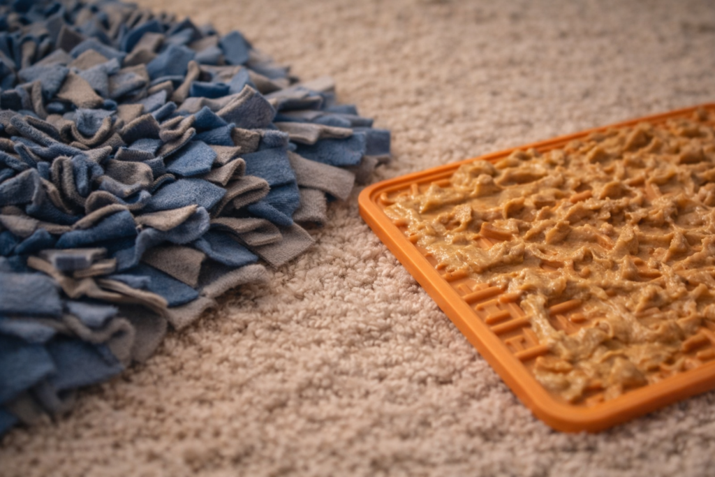 calm-dog-enrichment-toys-lick-mat-snuffle-mat-detail Close-up of calm dog enrichment toys including a lick mat and snuffle mat designed for quiet indoor mental stimulation.