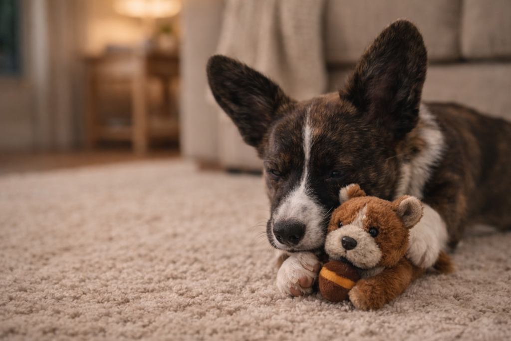 calm-dog-play-nuggy-plush-toy-indoor-relaxation Calm brindle and white corgi puppy resting indoors with a plush toy, showing relaxed and focused play behavior.
