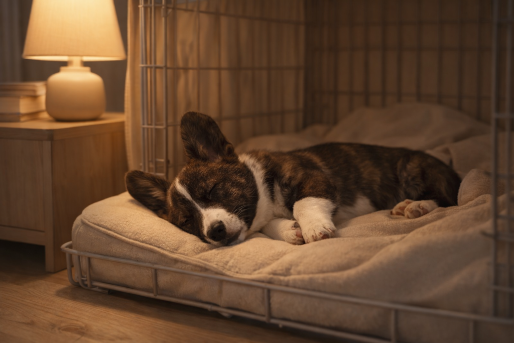calm-evening-puppy-sleep-routine Puppy sleeping calmly in a crate as part of an evening routine