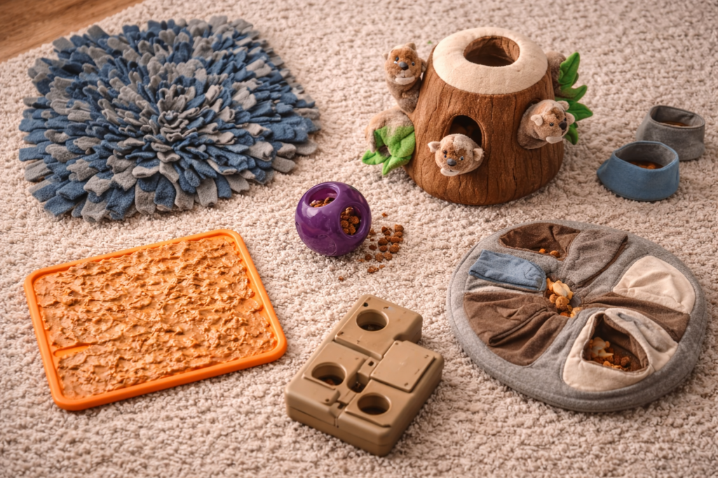 calm-indoor-dog-toys-overview-snuffle-lick-puzzle-plush Flat lay of calm indoor dog enrichment toys including a snuffle mat, lick mat, plush puzzle toy, and treat-dispensing puzzle on a soft rug.