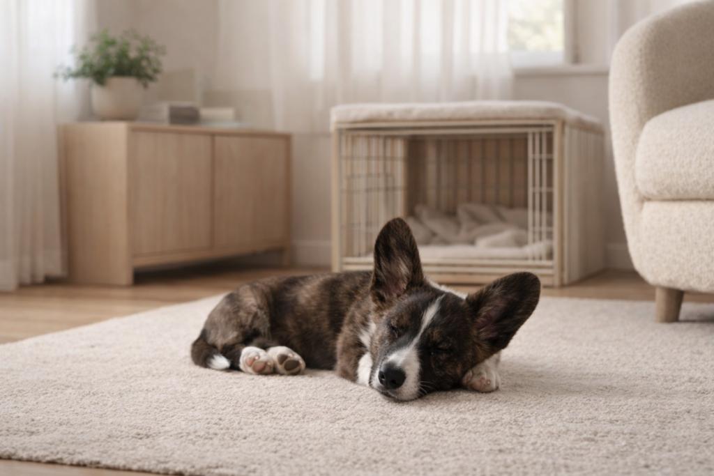 calm-puppy-daily-routine-home Calm puppy resting at home as part of a structured daily routine