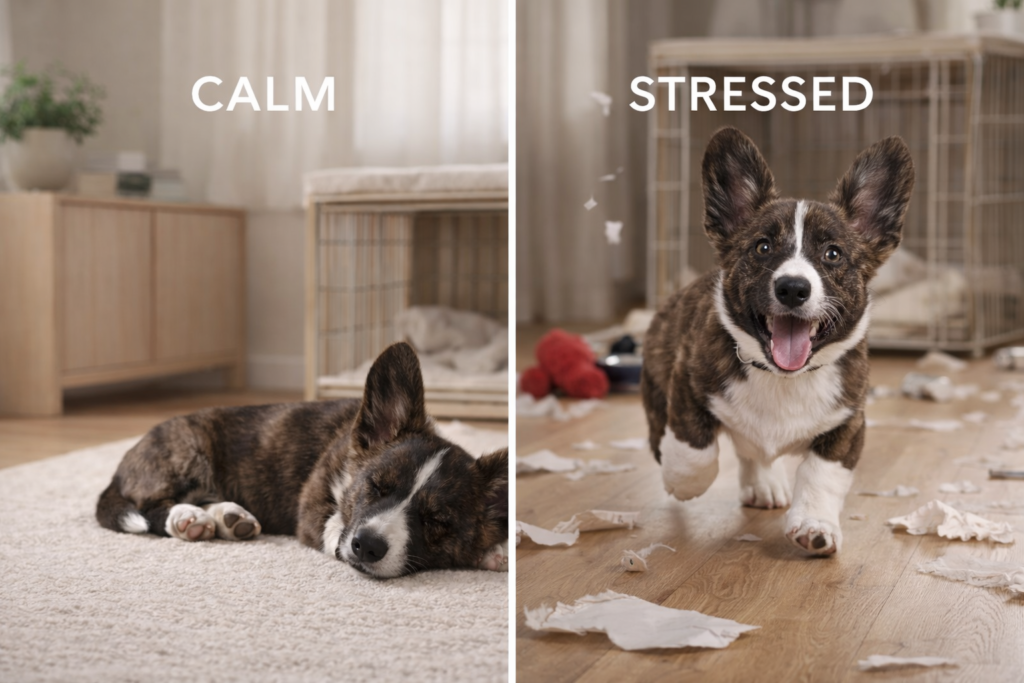 calm-vs-overtired-puppy-routine-comparison Comparison of a calm puppy and an overtired puppy in a home environment