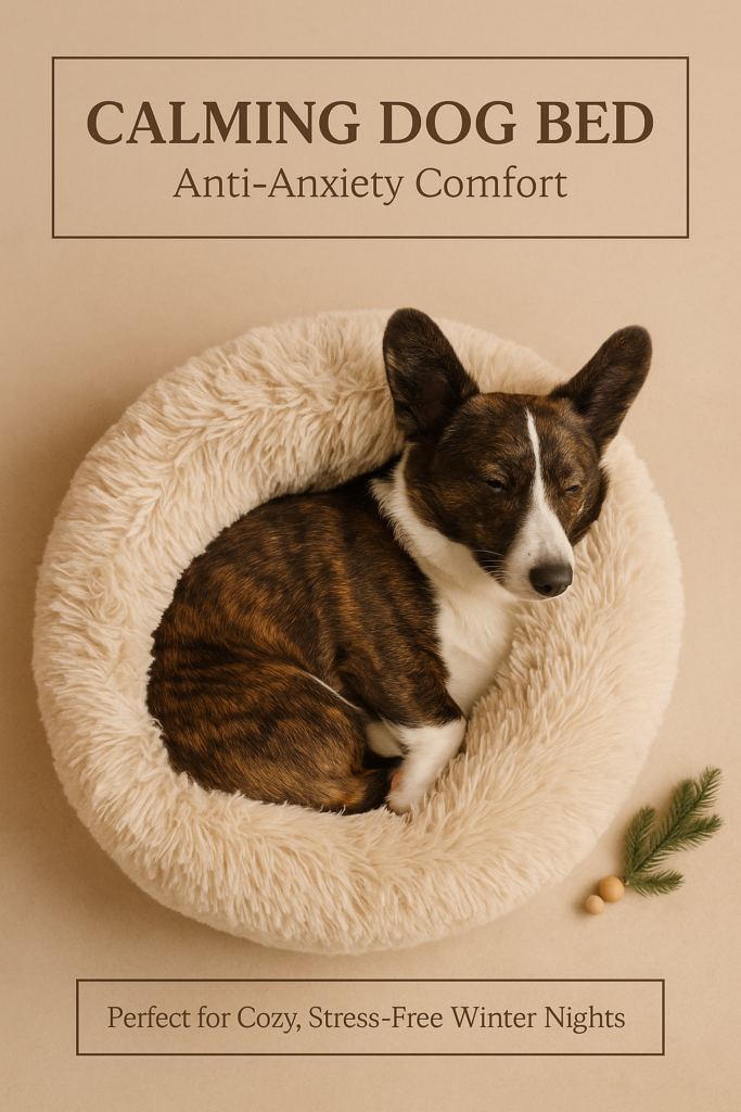 calming-dog-bed-nuggy-christmas-lifestyle Nuggy the corgi curled up in a cozy calming dog bed in a warm Christmas-themed setting with soft lighting and subtle festive accents.