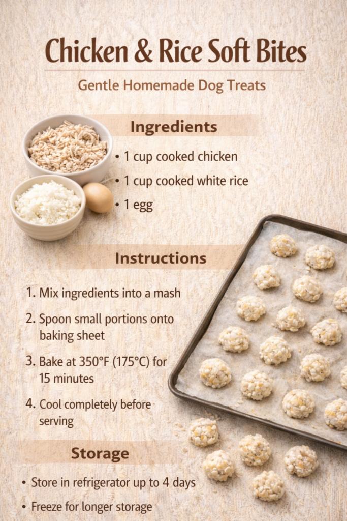 chicken-rice-soft-dog-treats-homemade-gentle-recipe-9x16 Homemade chicken and rice soft dog treats shown as a simple visual recipe with cooked chicken, rice, and soft bite-sized treats