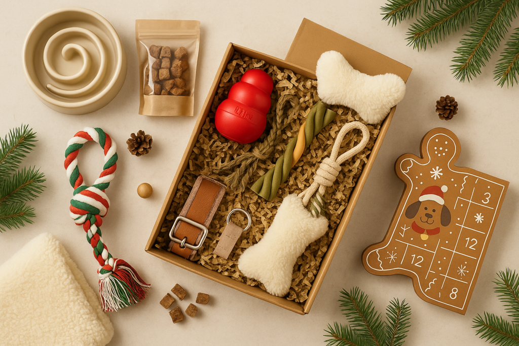 christmas-dog-gift-guide-hero-image Editorial flatlay of Christmas dog gifts including toys, treats, a subscription box, slow feeder, rope toy, cozy blanket, and advent calendar arranged on a warm beige background with festive evergreen accents.