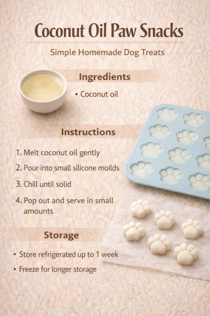 coconut-oil-dog-treats-paw-snacks-simple-recipe-9x16 Homemade coconut oil dog treats shown as a simple visual recipe with melted coconut oil poured into small molds and set into bite-sized snacks
