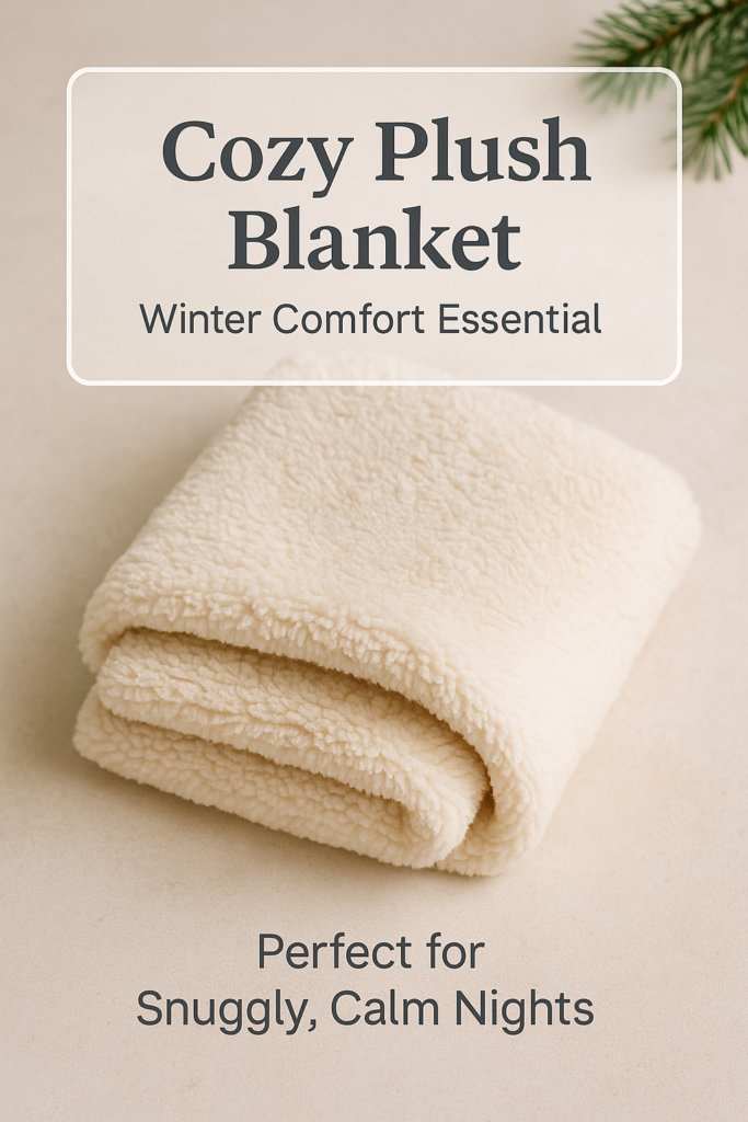 cozy-plush-blanket-christmas-flatlay Christmas flatlay of a soft plush dog blanket folded on a neutral beige background with subtle evergreen decoration.