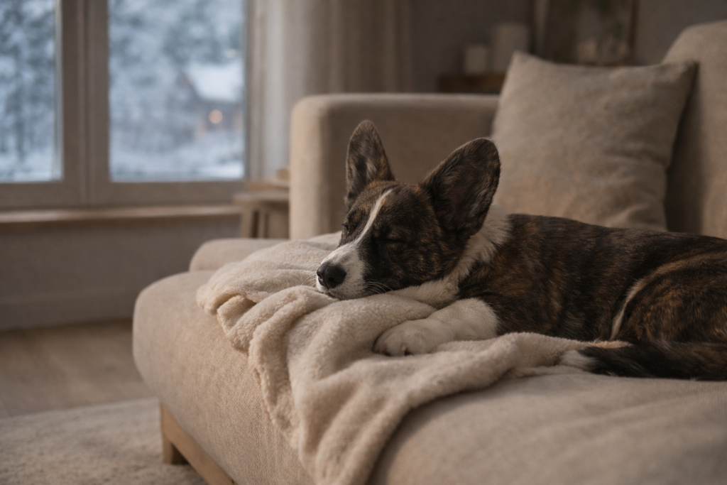 cozy-winter-dog-at-home-nuggy-dog-diary Cozy dog resting at home during winter in a warm, calm living space