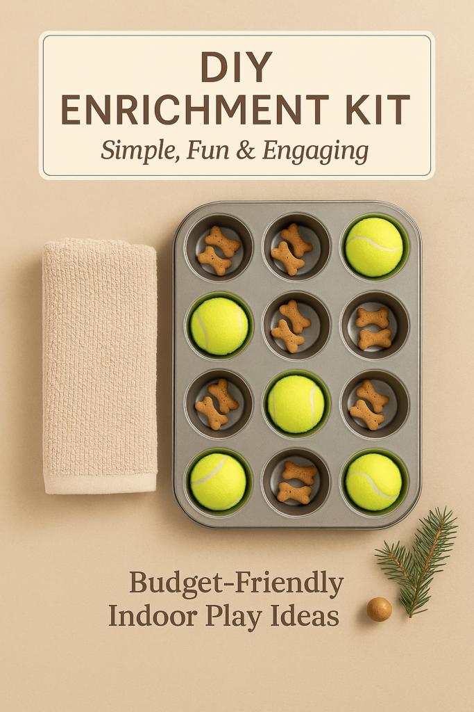 diy-enrichment-kit-christmas-flatlay Christmas flatlay of a DIY dog enrichment kit with a muffin tray, tennis balls, dog treats, and a folded towel on a warm beige background with subtle evergreen decoration.