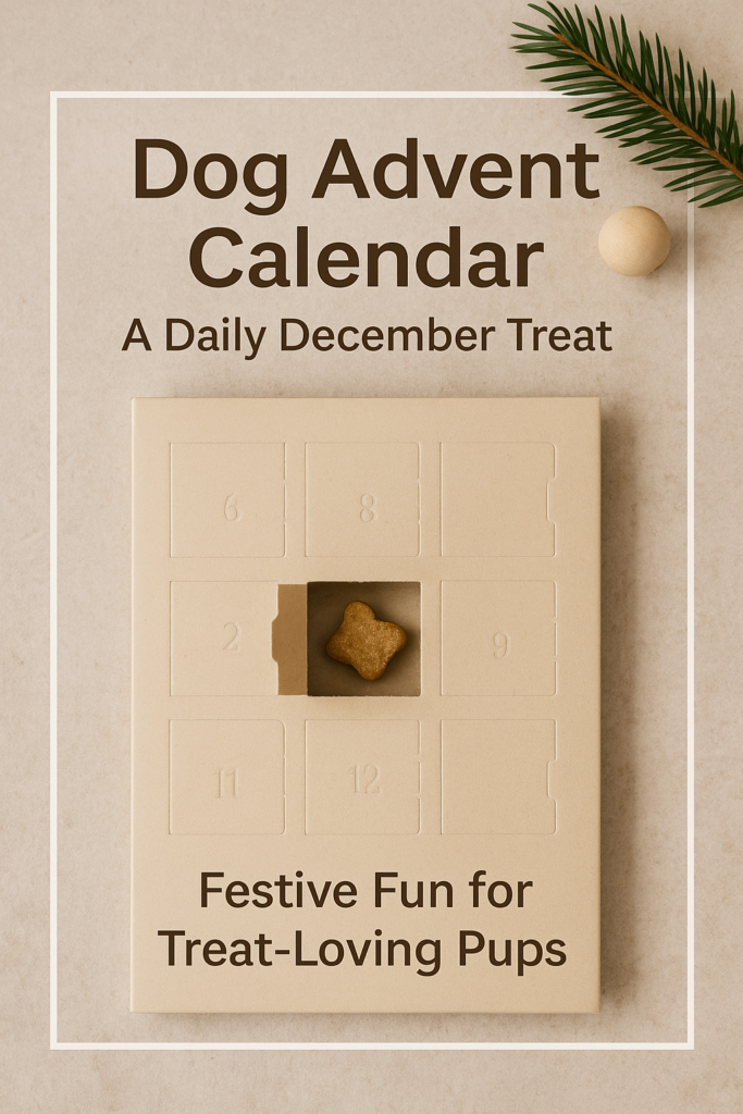 dog-advent-calendar-christmas-flatlay Christmas flatlay of a dog advent calendar with one treat window open on a neutral beige background and subtle evergreen decoration.