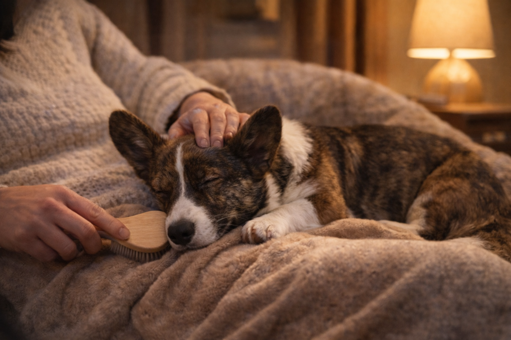 dog-bonding-evening-routine-winter-nuggy Owner gently bonding with dog during a calm winter evening at home