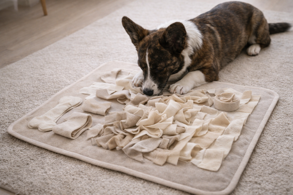dog-enrichment-brain-games-indoors-nuggy Dog using an enrichment toy indoors during winter for mental stimulation