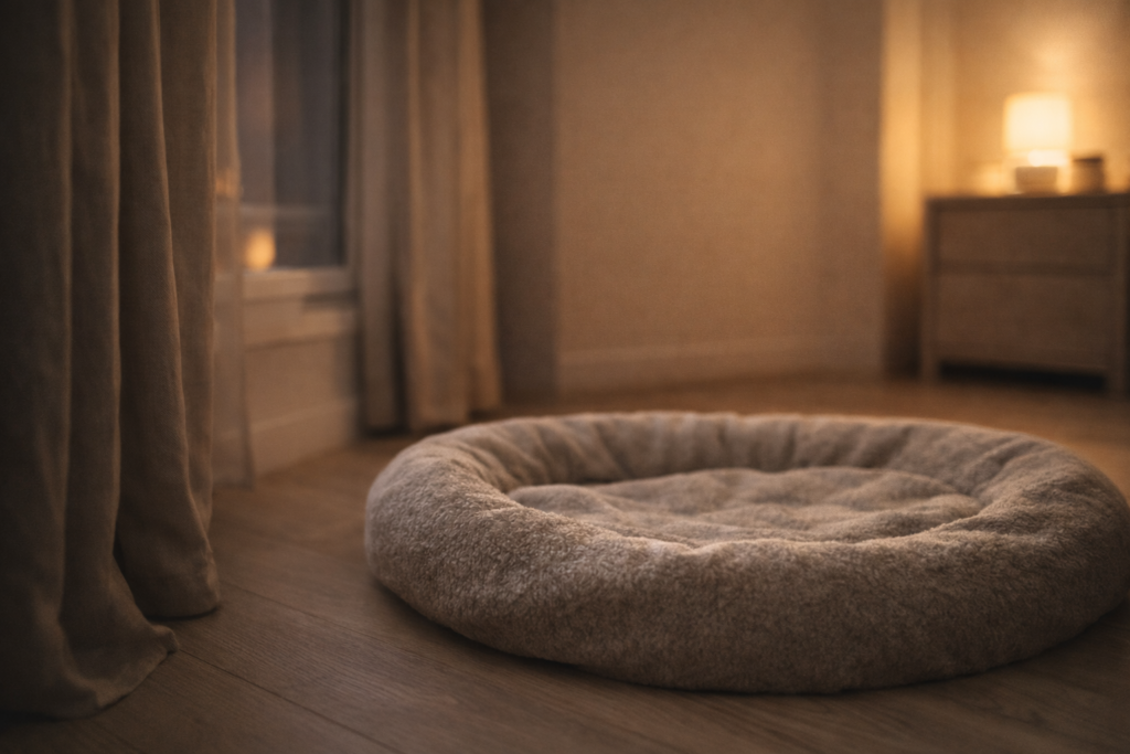 dog-sleep-space-calm-evening-routine Quiet dog sleep area in the evening, designed for calm rest and emotional recovery