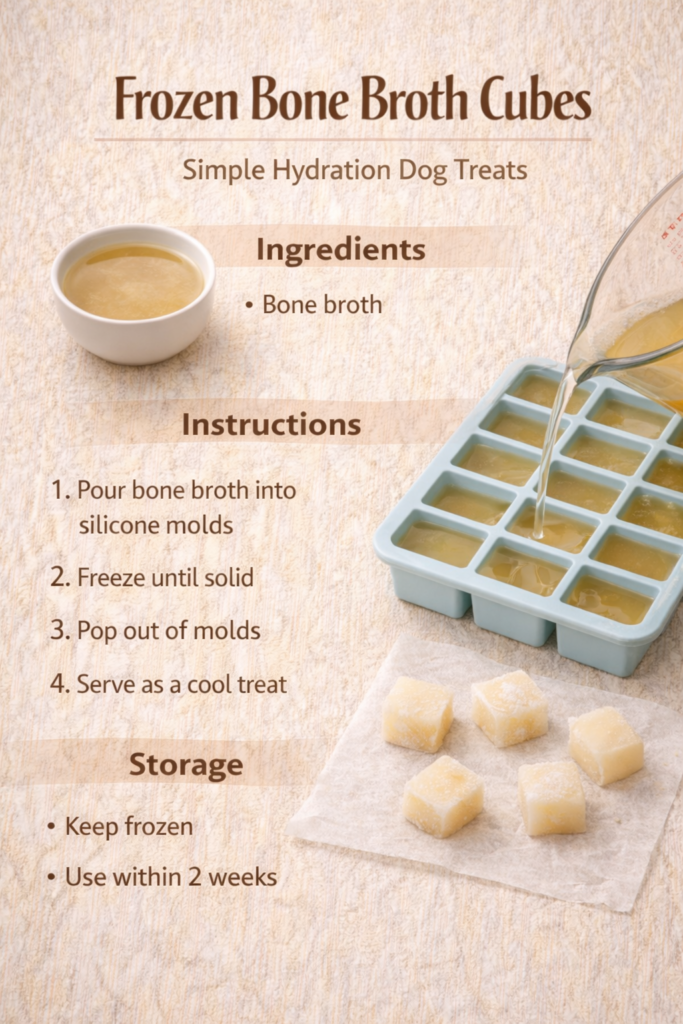 frozen-bone-broth-dog-treats-hydration-recipe-9x16 Frozen bone broth dog treats shown as a simple visual recipe with bone broth poured into silicone molds and frozen into cubes