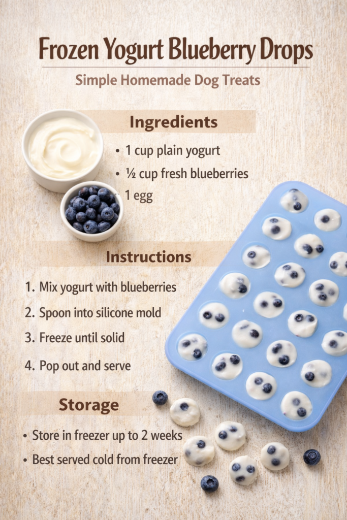 frozen-yogurt-blueberry-dog-treats-easy-homemade Frozen yogurt blueberry dog treats shown as a simple visual recipe with fresh ingredients and freezing instructions