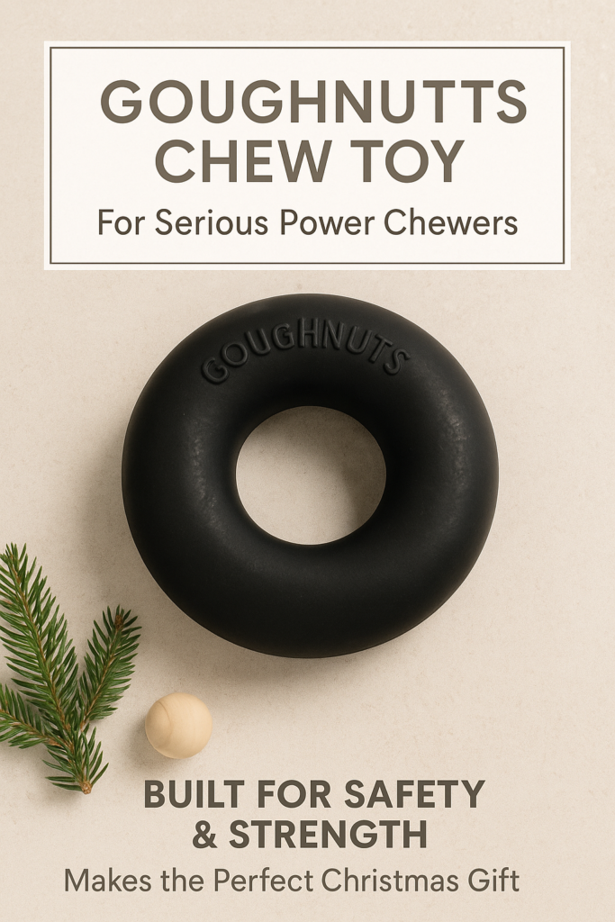 goughnuts-chew-toy-christmas-flatlay Christmas flatlay of a Goughnuts chew toy on a neutral beige background with subtle evergreen decoration.