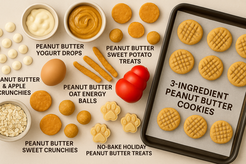 homemade-peanut-butter-dog-treats-hero-flatlay-collection Flat-lay of nine types of homemade peanut butter dog treats, including cookies, freezer bites, energy balls, sweet potato treats, yogurt drops, chew sticks, and holiday treats.
