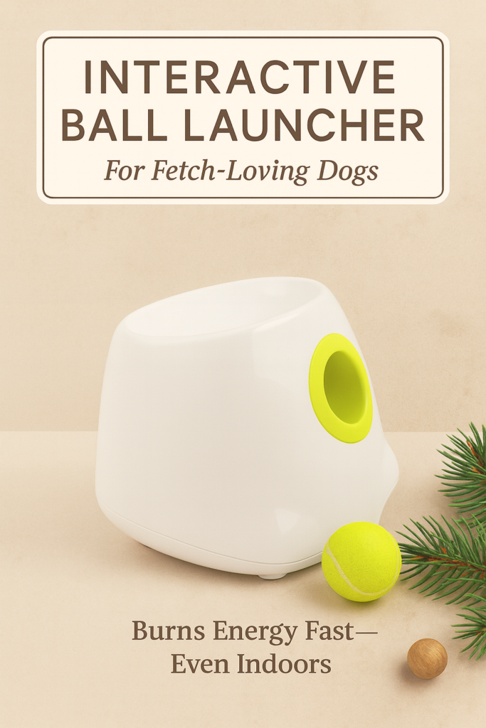 interactive-ball-launcher-christmas-flatlay Christmas flatlay of a white interactive dog ball launcher with a lime green opening and tennis ball on a warm beige background with subtle evergreen decoration.