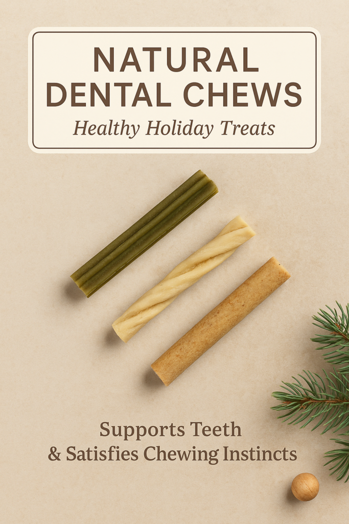 natural-dental-chews-christmas-flatlay Christmas flatlay of natural dog dental chews on a warm beige background with subtle evergreen decoration.