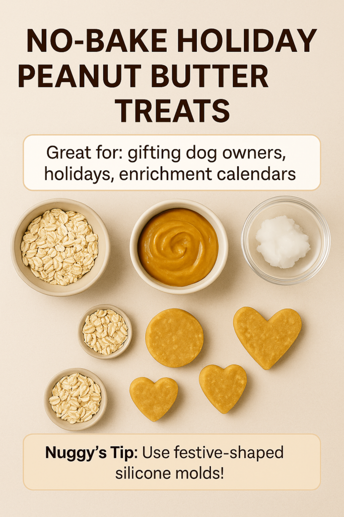 no-bake-holiday-peanut-butter-dog-treats-pinterest No-bake holiday peanut butter dog treats with oats, peanut butter, and coconut oil arranged in a Pinterest-style layout.