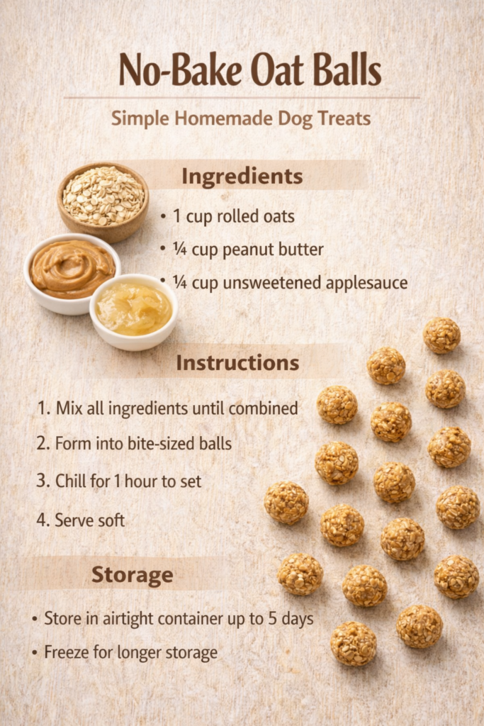 no-bake-oat-dog-treats-easy-homemade-recipe-9x16 No-bake oat dog treats shown as a simple visual recipe with rolled oats and soft bite-sized balls on a neutral background