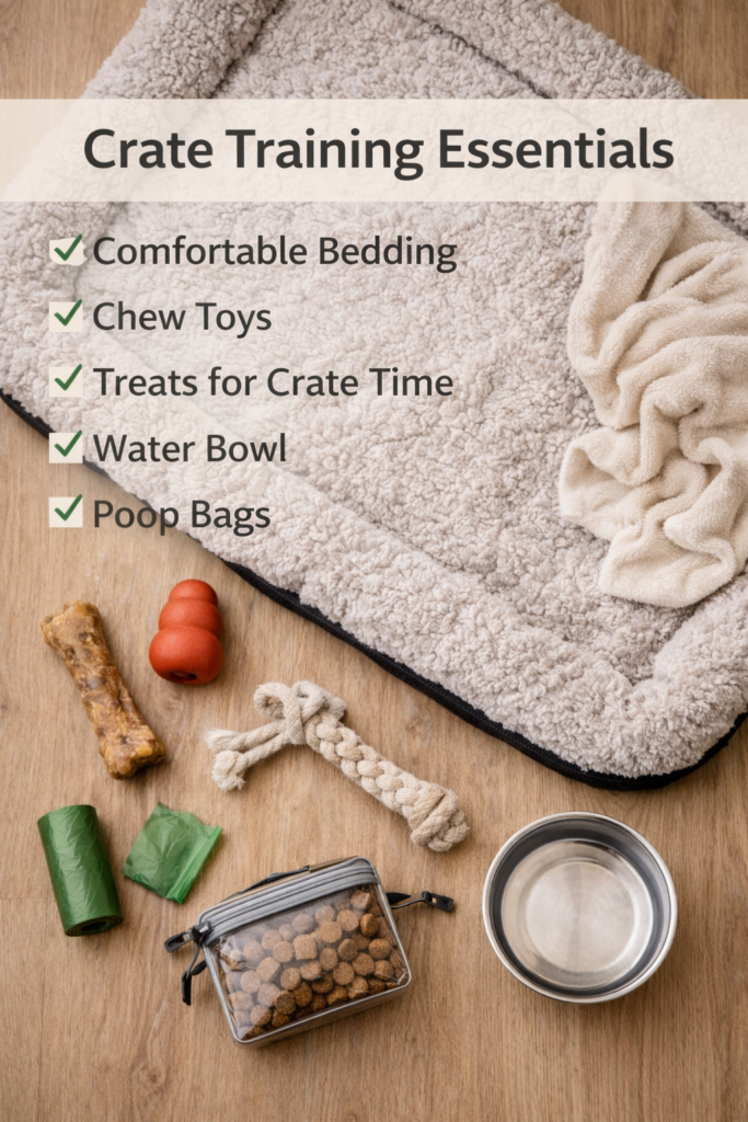 nuggy-crate-training-essentials-checklist Flat lay of crate training essentials for puppies including bed, chew toys, treats, water bowl, and poop bags