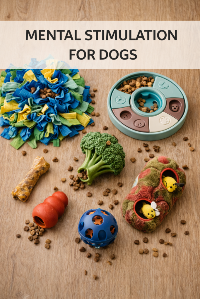 nuggy-puppy-mental-enrichment-toys Flat lay of puppy enrichment toys including snuffle mat, puzzle feeder, Kong, and interactive toys