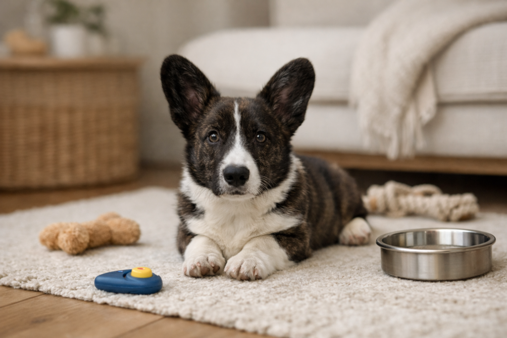 nuggy-puppy-mistakes-hero Cardigan Welsh Corgi puppy Nuggy resting calmly indoors with toys and training essentials