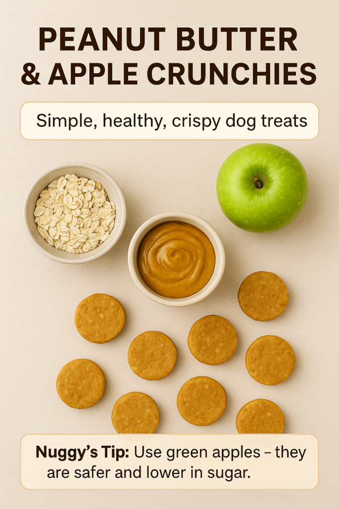 peanut-butter-apple-crunchies-dog-treats-pinterest Peanut butter and apple dog crunchies shown with oats, green apple, and peanut butter in a Pinterest-style layout.