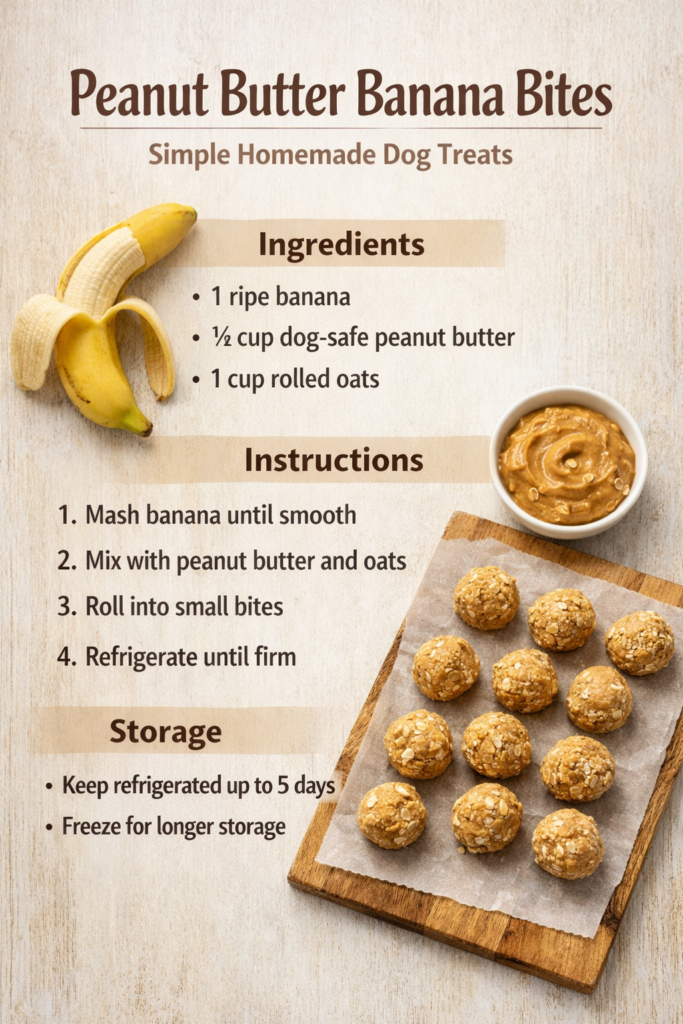 peanut-butter-banana-dog-treats-easy-recipe Homemade peanut butter banana dog treats arranged on a neutral background with simple ingredients