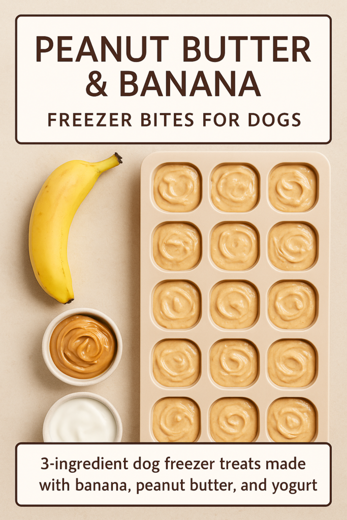 peanut-butter-banana-freezer-bites-dog-treats-inline Pinterest image showing banana, peanut butter, yogurt, and silicone molds filled with freezer bite mixture, with clean text overlay.