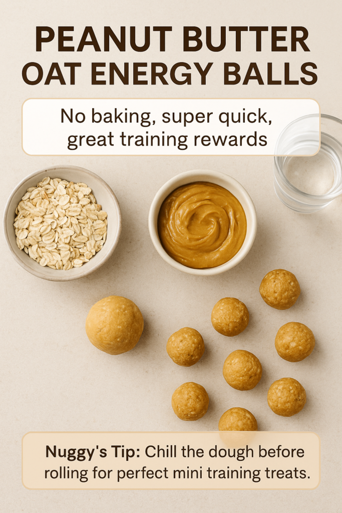 peanut-butter-oat-energy-balls-dog-treats-pinterest Pinterest image showing oats, peanut butter, water, and rolled oat energy balls for dogs, with clean text overlays.