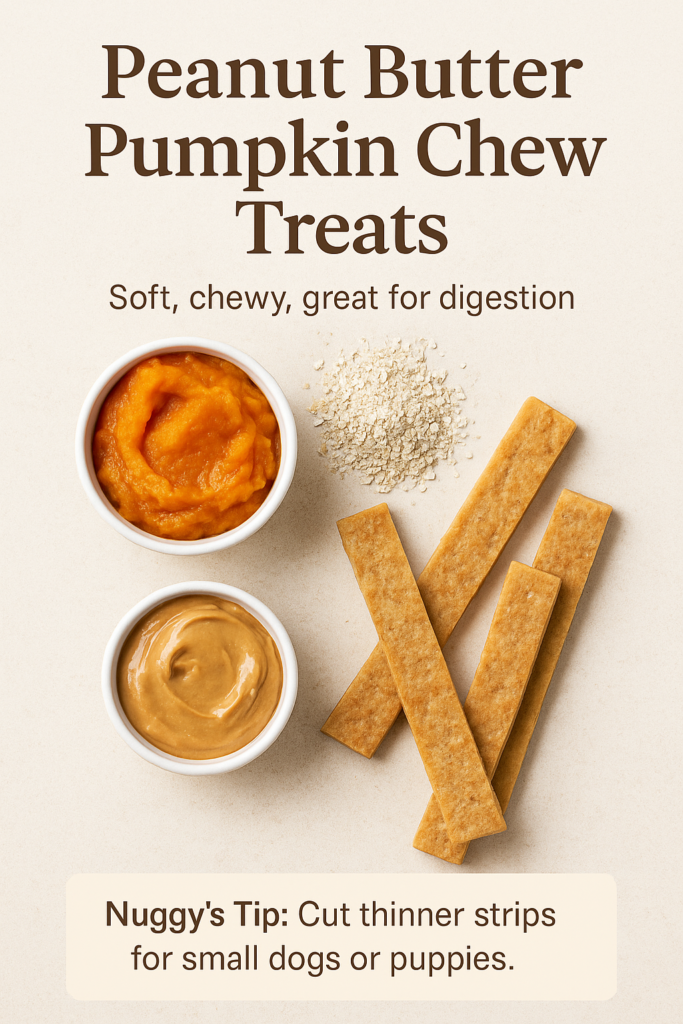 peanut-butter-pumpkin-chew-treats-dog-recipe-pinterest Pinterest image showing pumpkin purée, oat flour, peanut butter, and chewy baked dog treat strips with text overlay.