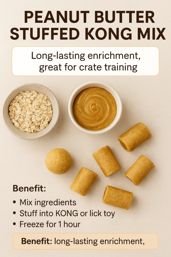 peanut-butter-stuffed-kong-mix-homemade-dog-enrichment-pinterest Ingredients and finished peanut butter stuffed KONG mix treats shown with oats, peanut butter, banana/pumpkin, and rolled stuffing pieces.