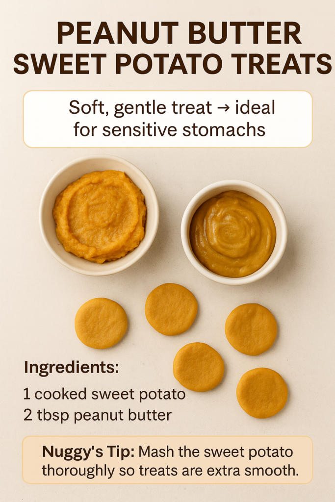 peanut-butter-sweet-potato-treats-sensitive-stomach-pinterest Peanut butter sweet potato dog treats shown with bowls of mashed sweet potato and peanut butter in a Pinterest-style layout.