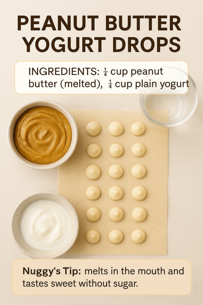 peanut-butter-yogurt-drops-for-dogs-pinterest Pinterest image showing parchment-lined peanut butter yogurt drops with bowls of peanut butter and yogurt in a clean editorial layout.