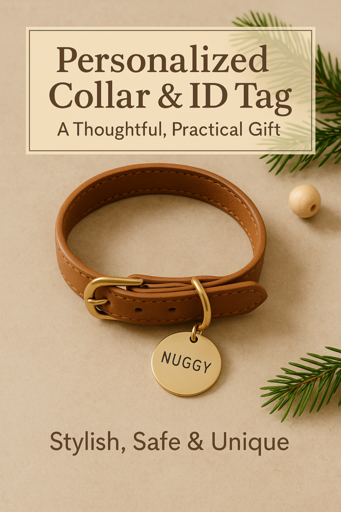 personalized-collar-id-tag-christmas-flatlay Christmas flatlay of a personalized dog collar with engraved ID tag on a warm neutral background with subtle festive decoration.
