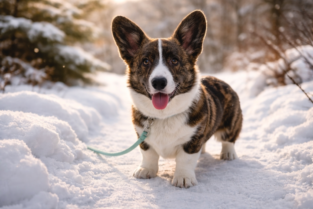 protect-dogs-paws-winter-nuggy Cardigan Welsh Corgi walking on a snowy winter path with healthy paws